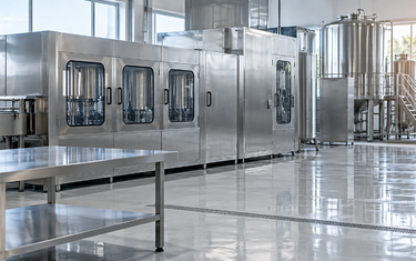 AI-generated illustration of a stainless steel food production facility. No LAPP products depicted.